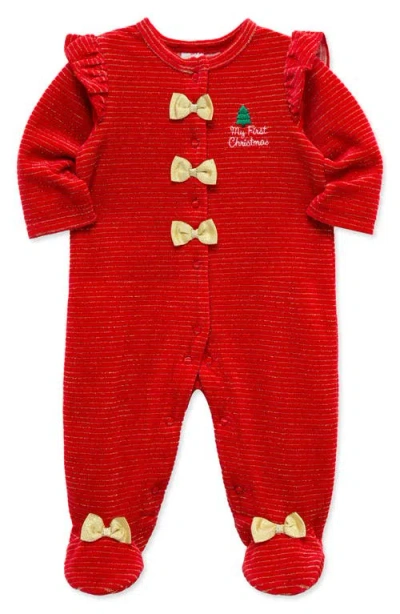 Little Me Velour Festive Stripe Footie In Red