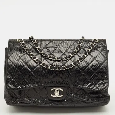 Pre-owned Chanel Black Quilted Lizard Maxi Classic Double Flap Bag