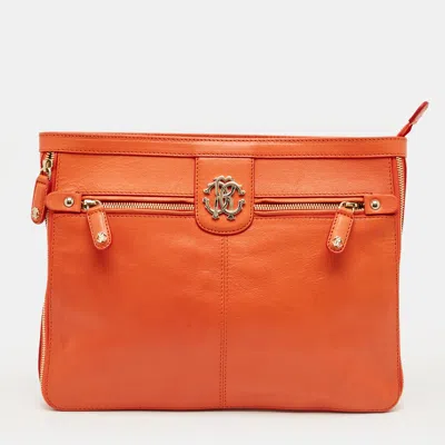 Pre-owned Roberto Cavalli Orange Leather Rc Logo Zip Aound Clutch