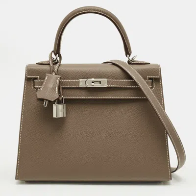 Pre-owned Hermes Etoupe Epsom Leather Palladium Finish Kelly Sellier 25 Bag In Gray