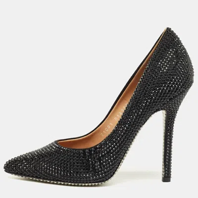 Pre-owned Ferragamo Black Satin Crystal Embellished Pointed Toe Pumps Size 37.5
