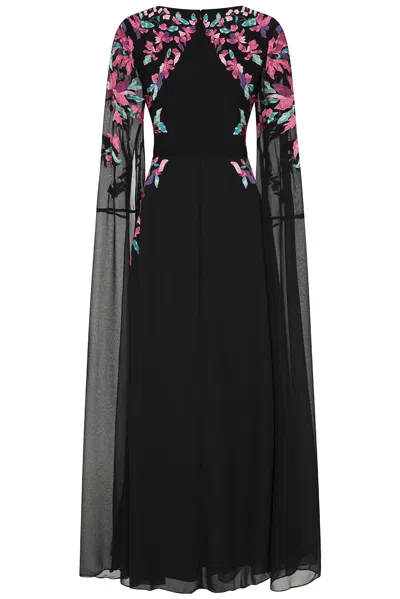 Frock And Frill Women's Hestia Black Embroidered Cape Sleeve Maxi Dress In Black