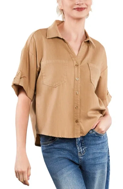 Hint Of Blu Emma Boxy Roll Tab Shirt In Brown