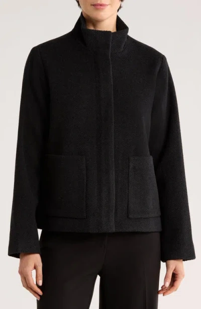 Eileen Fisher High Collar Short Wool Coat In Black