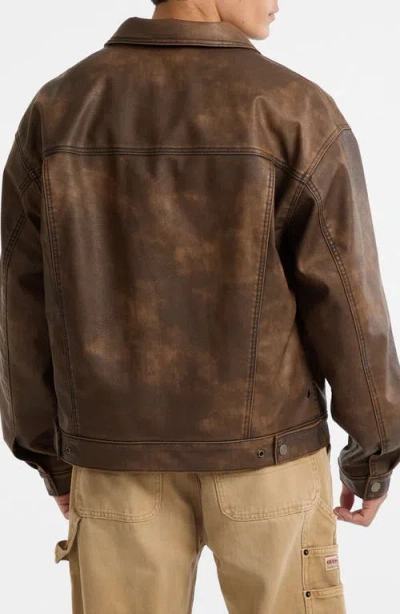 Guess Originals Faux Leather Trucker Jacket In Brown