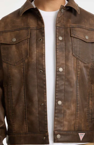 Guess Originals Faux Leather Trucker Jacket In Brown