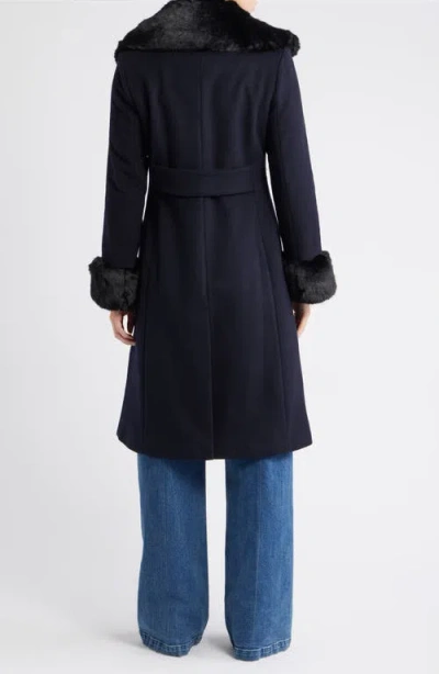 Via Spiga Double Breasted Wool Blend Coat With Faux Fur Trim In Blue