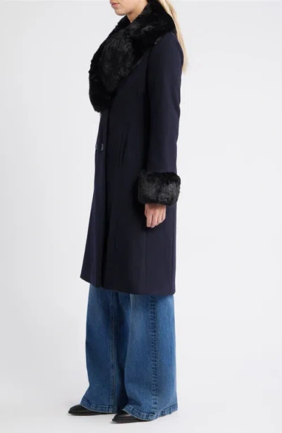 Via Spiga Double Breasted Wool Blend Coat With Faux Fur Trim In Blue