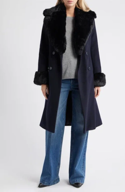 Via Spiga Double Breasted Wool Blend Coat With Faux Fur Trim In Blue