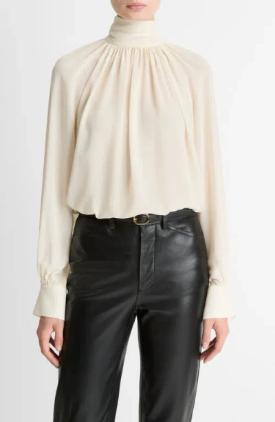 Vince Draped Ruffle Mock Neck Crepe Top In White