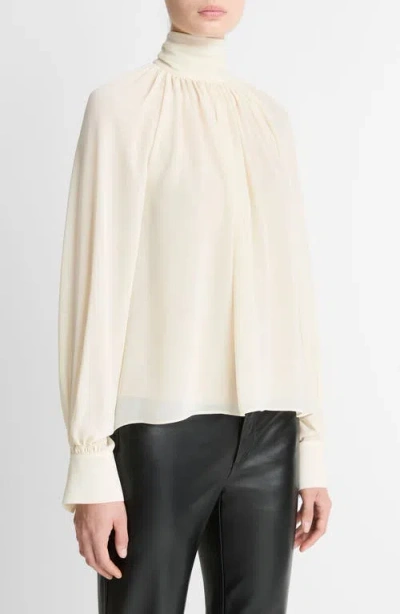 Vince Draped Ruffle Mock Neck Crepe Top In White