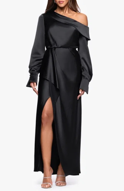 Xscape Evenings Off The Shoulder Long Sleeve Satin Gown In Black