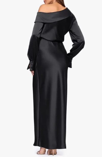 Xscape Evenings Off The Shoulder Long Sleeve Satin Gown In Black