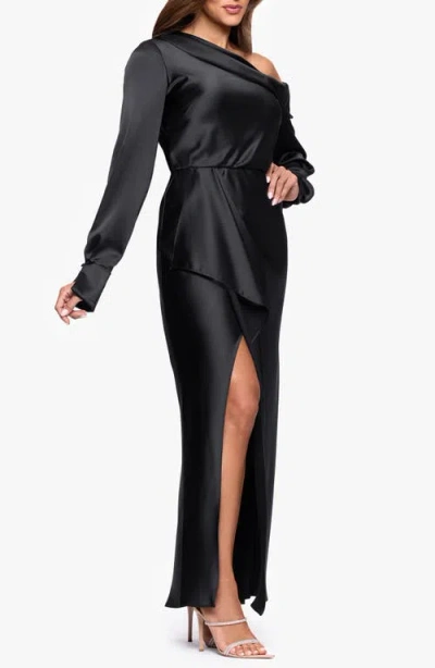 Xscape Evenings Off The Shoulder Long Sleeve Satin Gown In Black