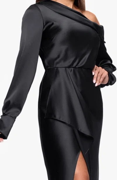 Xscape Evenings Off The Shoulder Long Sleeve Satin Gown In Black