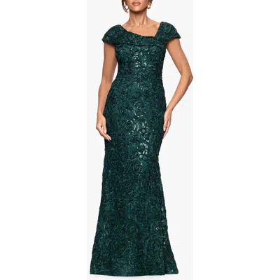 Xscape Evenings Asymmetric Neck Sequin Floral Mermaid Gown In Green