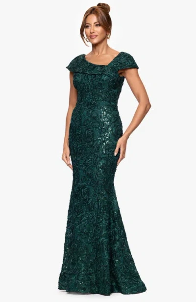 Xscape Evenings Asymmetric Neck Sequin Floral Mermaid Gown In Green