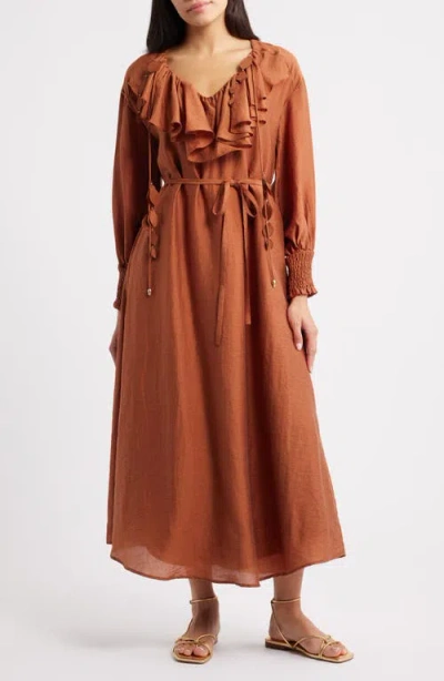 Ciebon Kiyelle Ruffle Long Sleeve Dress In Brown