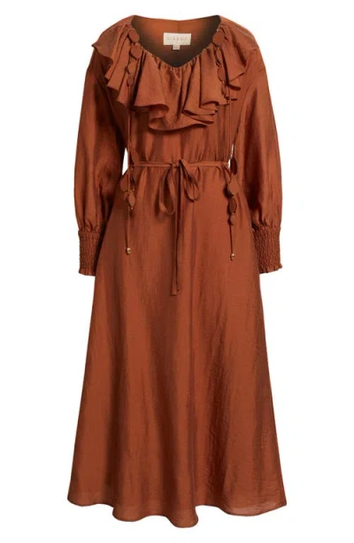 Ciebon Kiyelle Ruffle Long Sleeve Dress In Brown