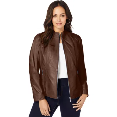 Jessica London Zip Front Leather Jacket In Brown