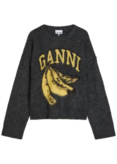 Ganni Logo-intarsia Brushed Alpaca-blend Jumper In Black