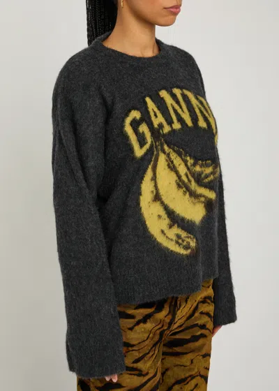 Ganni Logo-intarsia Brushed Alpaca-blend Jumper In Black