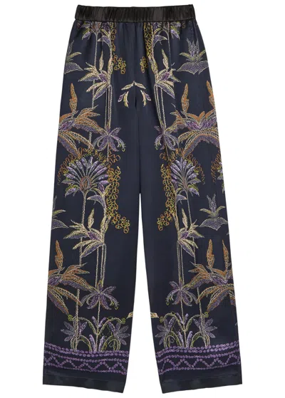 Forte Forte Wide-leg Trousers With Botanical Embroidery In Blue