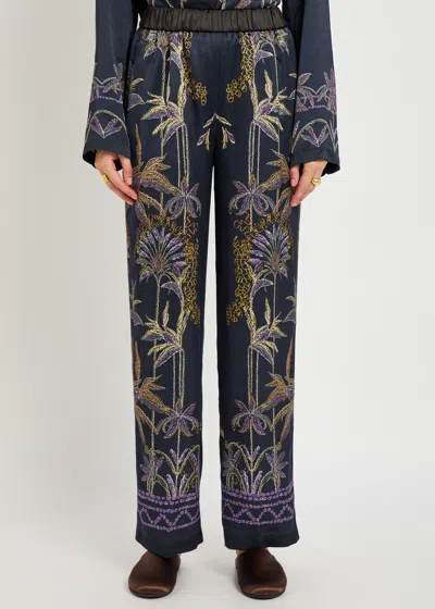 Forte Forte Wide-leg Trousers With Botanical Embroidery In Blue
