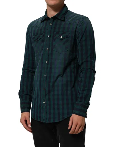 Pre-owned Aglini Green Checkered Cotton Button Down Long Sleeves Men's Shirt ()