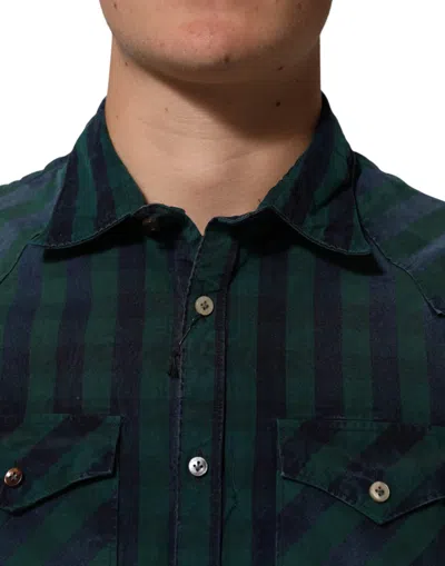 Pre-owned Aglini Green Checkered Cotton Button Down Long Sleeves Men's Shirt ()