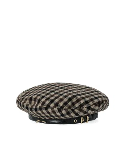 Ganni Checkered Wool Beret Featuring Buckle Detail In Brown