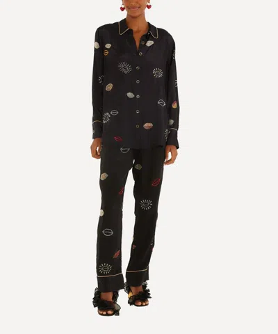 Farm Rio Women's Black Beaded Kisses Pyjama Shirt In Blue