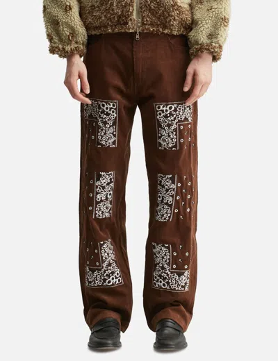 Nòmarhythm Textile Bandana Embroidery Corduroy Pants In Brown