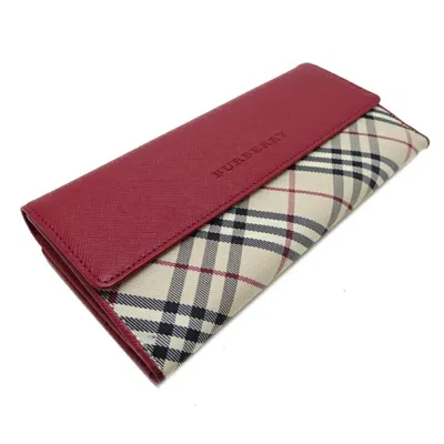 Pre-owned Burberry Beige Red Color Leather Canvas Wallet (tri-fold) () In Multi