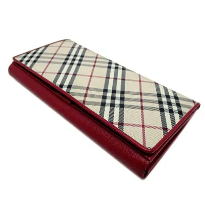 Pre-owned Burberry Beige Red Color Leather Canvas Wallet (tri-fold) () In Multi