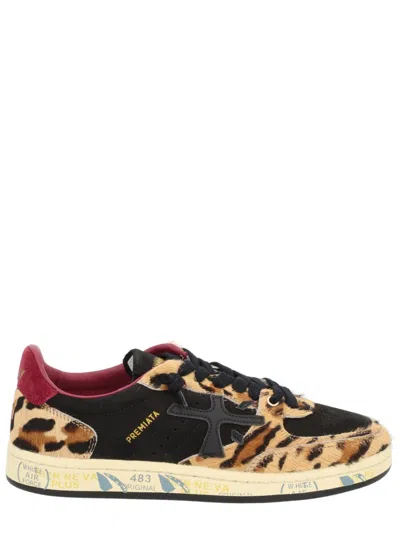 Premiata Leopard Print Low-top Sneakers With Black Suede Overlays In Multi