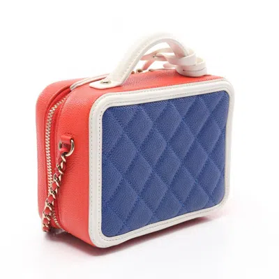 Pre-owned Chanel Blue Red Color White Leather Shoulder Bag Vanity Bag ()