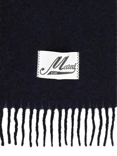 Marni Mens Blublack Brand-patch Fringed Wool-blend Scarf In Black
