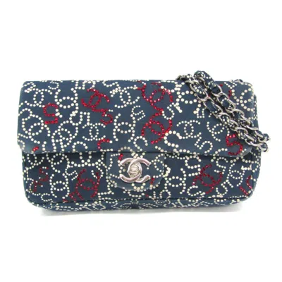 Pre-owned Chanel No.5 Navy Cotton Rhinestone Shoulder Bag () In Blue