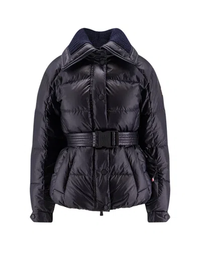 Moncler Puffer Jacket With Belted Waist And High Collar In Blue