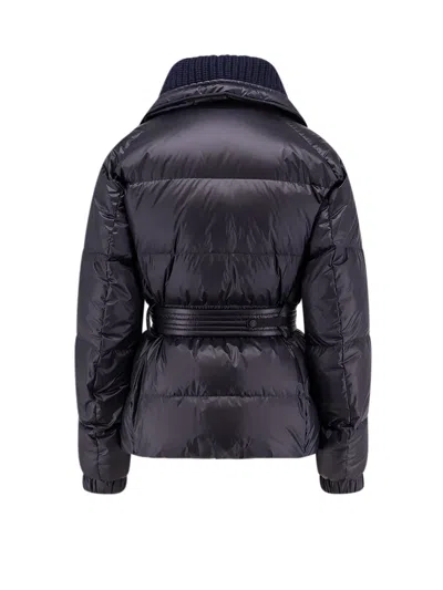 Moncler Puffer Jacket With Belted Waist And High Collar In Blue