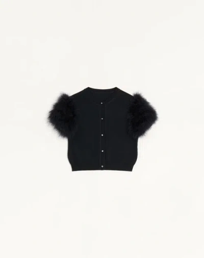 Valentino Wool Knit Cardigan With Feathers Woman Black M In Black