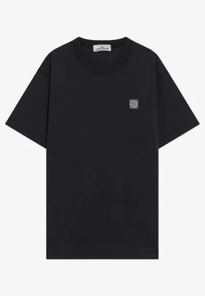 Stone Island Navy Blue Cotton T-shirt With Logo Patch In Blue