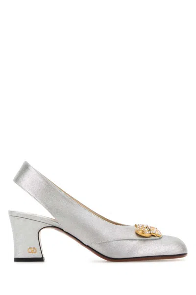 Valentino Garavani Block Heel Embellished Slingback Square Toe Pumps In White