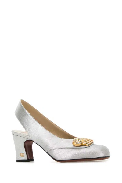 Valentino Garavani Block Heel Embellished Slingback Square Toe Pumps In White