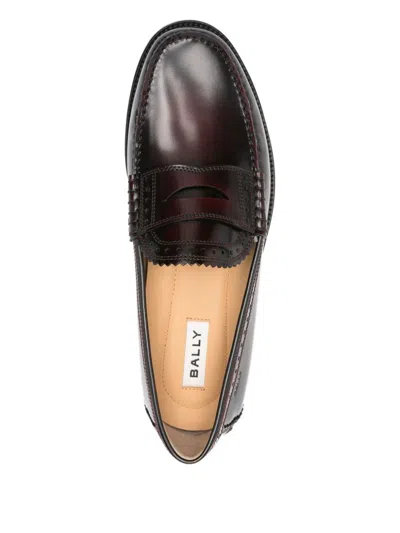 Bally Round Toe Penny Loafers With Perforated Detail In Burgundy