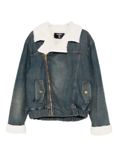 Balmain Shearling Collar Buttoned Pocket Jacket In Blue