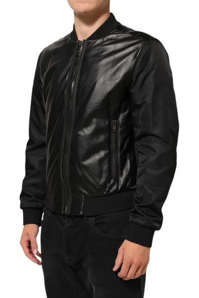 Pre-owned Dolce & Gabbana Black Leather Nylon Fullzip Blouson Men's Jacket ()