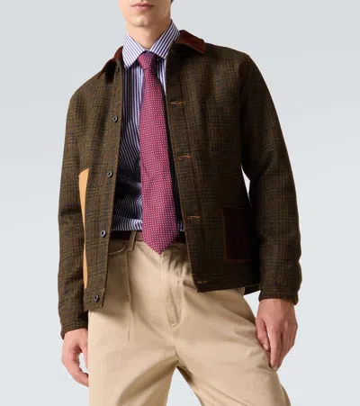 Junya Watanabe Checked Leather-trimmed Wool Jacket In Green