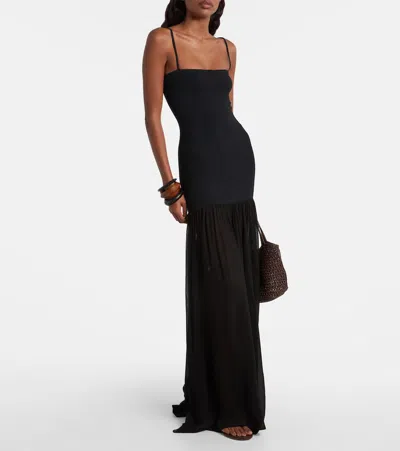 Hunza G Hybrid Seersucker And Chiffon Maxi Dress In Black